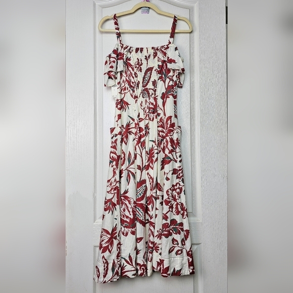Anthropologie Women's Oahu Dress, Linen Midi Floral Burgundy Buttons Pockets, 0 - Picture 5 of 11